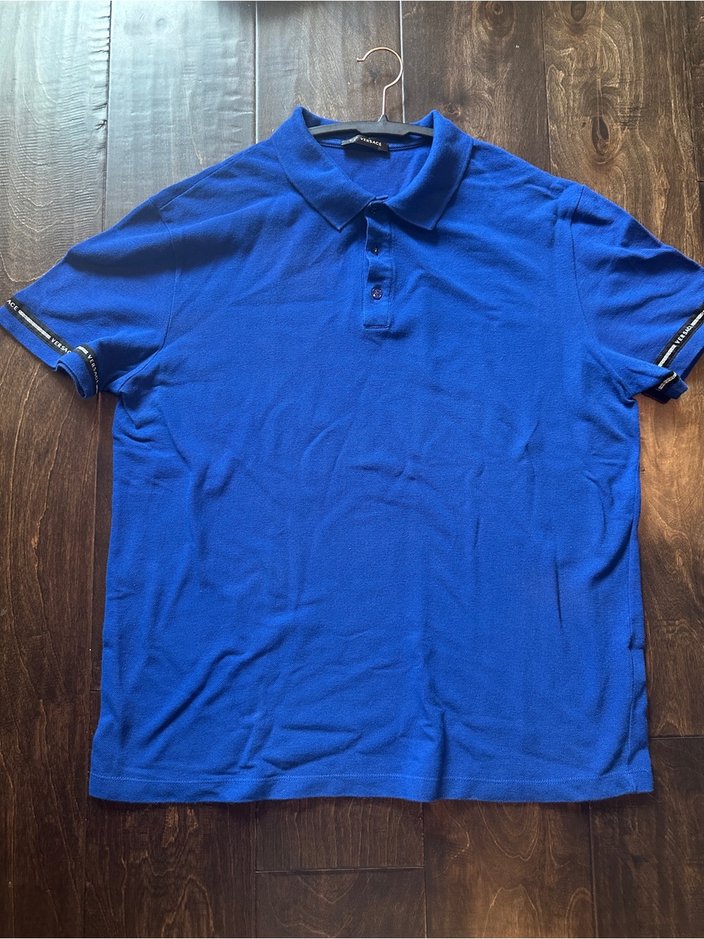 Versace Men's Royal Blue Polo Shirt with Contrast Sleeve Trim